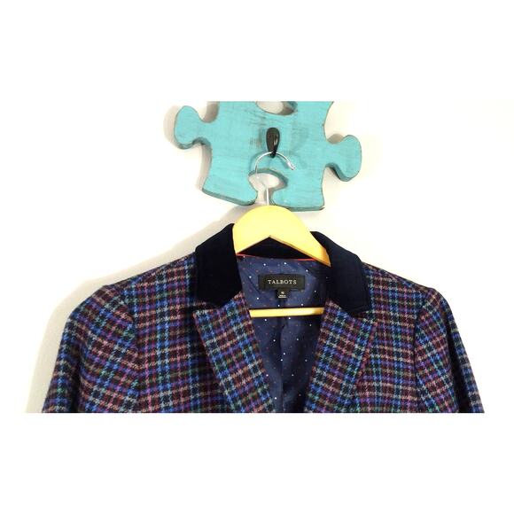 Talbots Mistletoe Plaid Shetland Wool Blazer Velvet Trim Business Jacket Size 10 - Picture 2 of 15